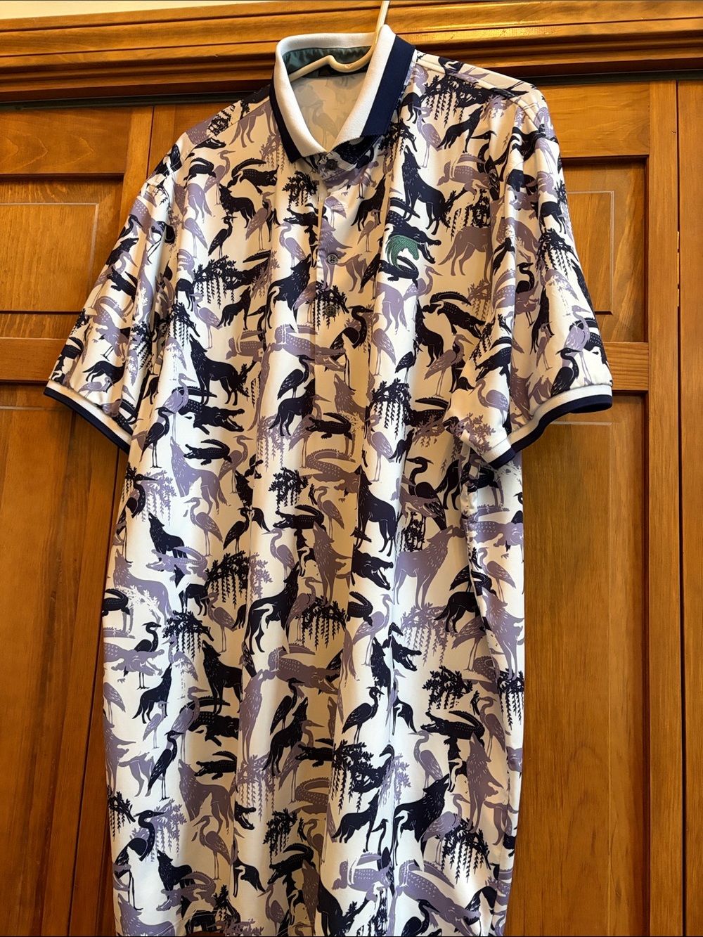 Greyson Short-Sleeve Polo in White, Navy and Purple Bird Print